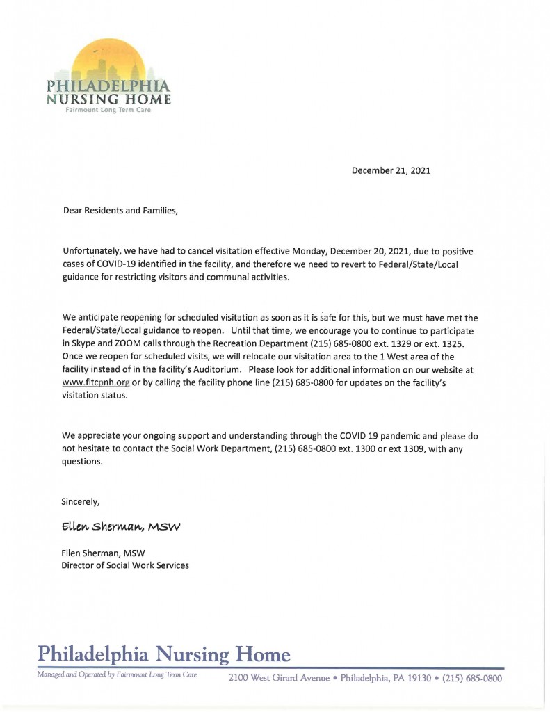 Letter to residents and families regarding cancellation of visits 12-21-21